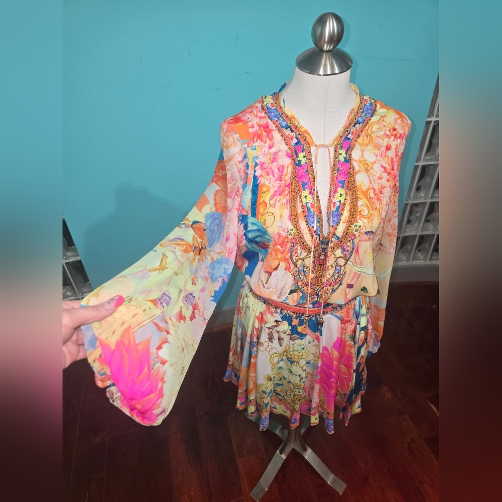 Camilla Shirrled Relaxed Embeddlished Short Dress Meet Me in the Garden Small